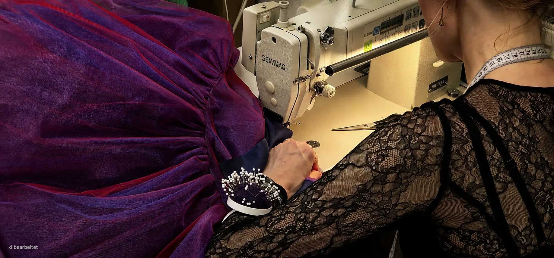 KI-bearbeitetes Foto: Schneiderin bei der Arbeit an einem violetten Abendkleid im ÄTELIER Berlin